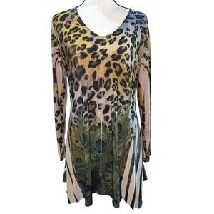 The Pyramid Collection Womens M Tunic Peacock & Leopard Print Multicolor